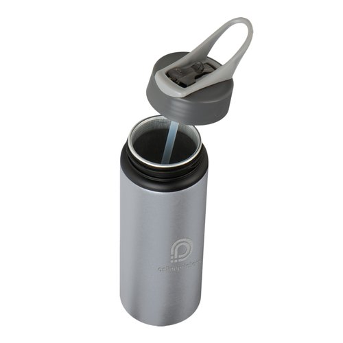 Botella de agua de metal gris con tapa y pajita.