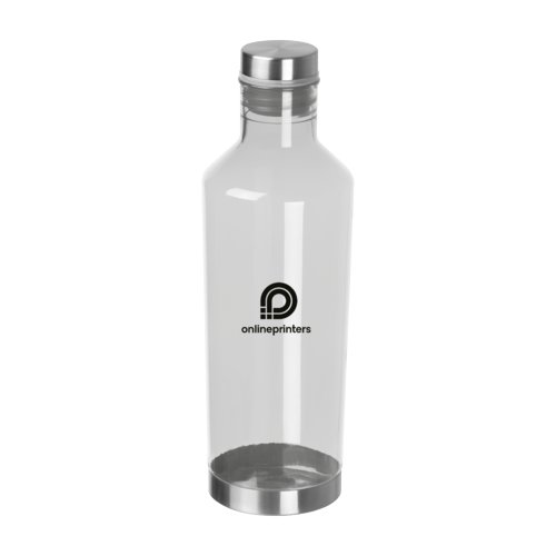 Botella de Tritan transparente con tapa color plata.