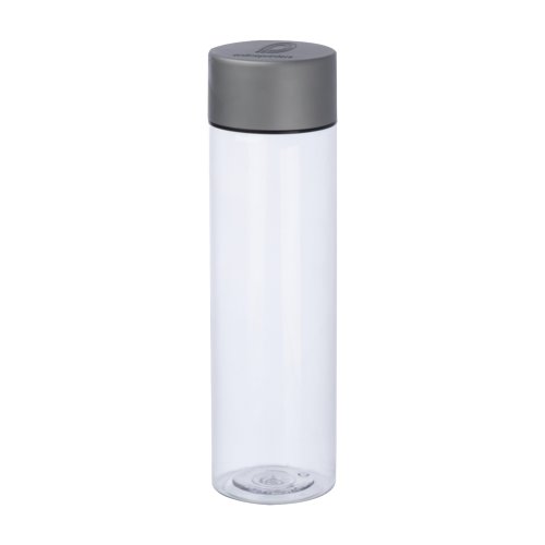 Botella de agua transparente de Tritn con tapa gris.