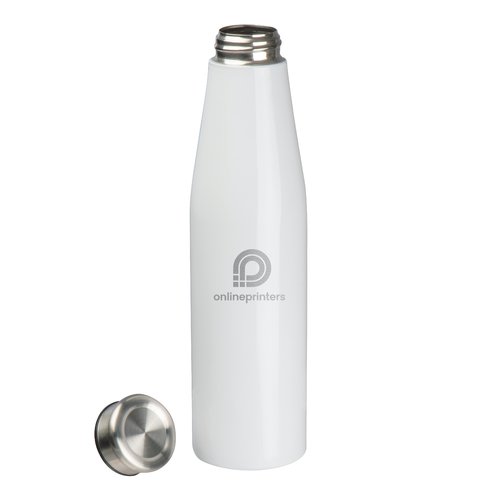Botella de agua de metal blanca con tapn de rosca.