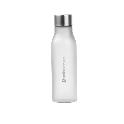 Botella de agua de plstico transparente con tapn de rosca.