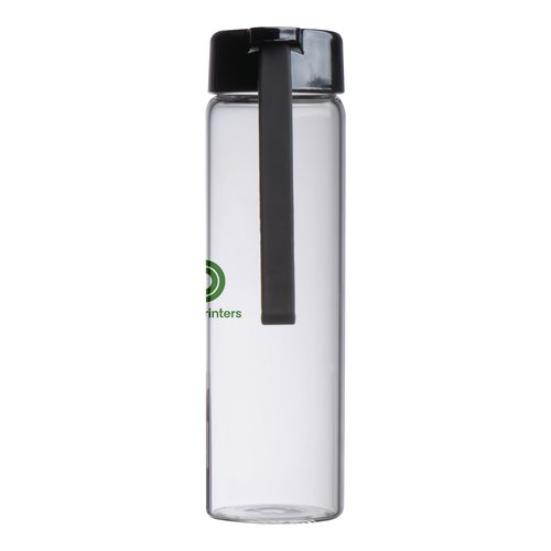 Botella de vidrio transparente con tapa de PP y asa de transporte.
