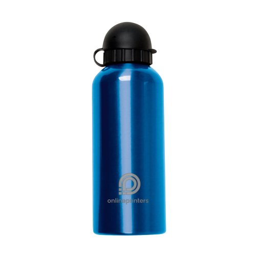 Botella de agua de metal azul con tapn negro.