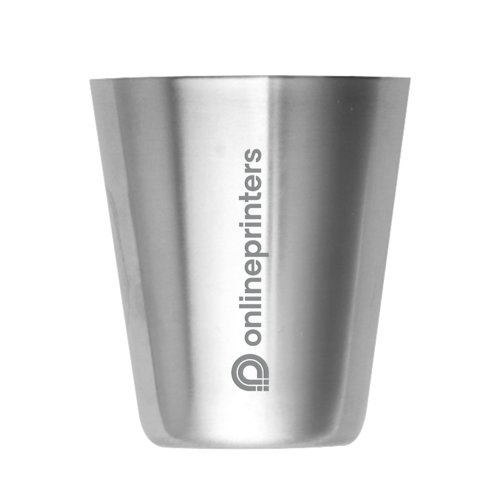 Vaso de chupito plateado de acero inoxidable con diseo sencillo.