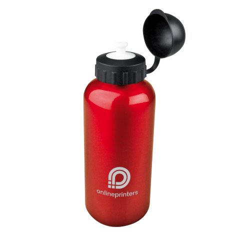 Botella de agua roja de metal con tapn de rosca.