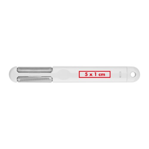 Pelador mltiple de plstico blanco con orificio para colgar.