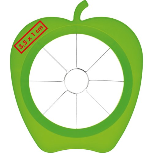 Cortador de manzana de plstico verde con cuchillas de acero inoxidable.