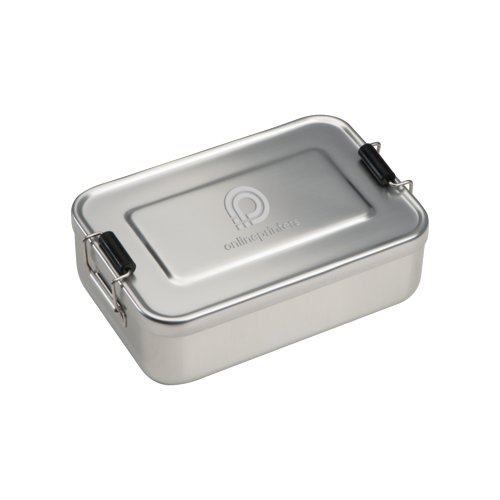 Fiambrera de aluminio plateado con tapa y cierre.