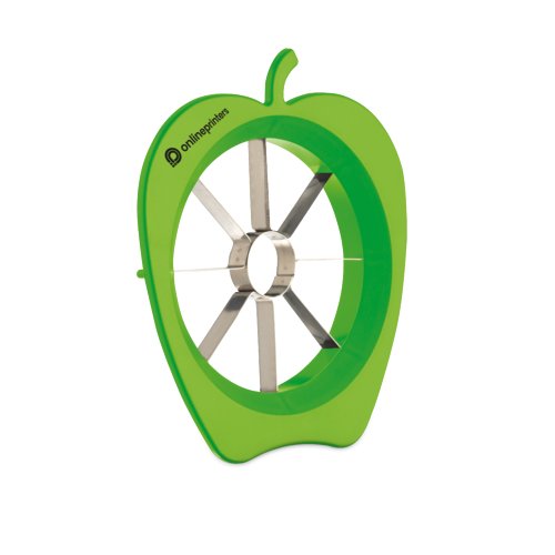 Cortador de manzanas de plstico verde con cuchillas de acero inoxidable.