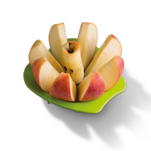 Cortador de manzanas de plstico verde manzana con cuchillas de acero inoxidable.