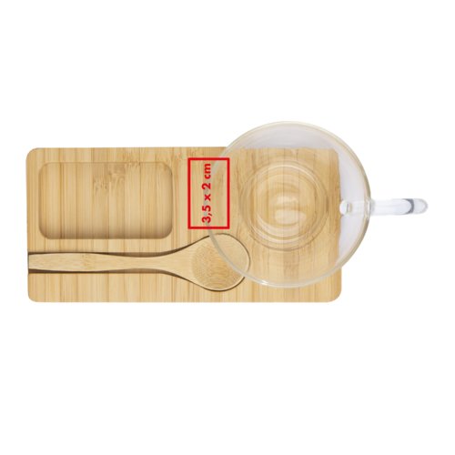 Tabla de servir de madera con huecos para taza y cuchara.