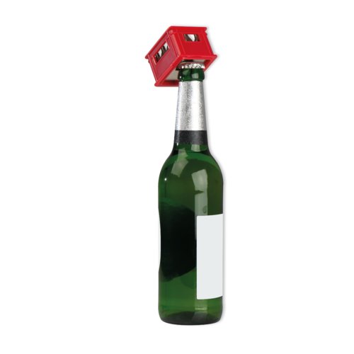 Abridor de botellas de plstico rojo en forma de caja.