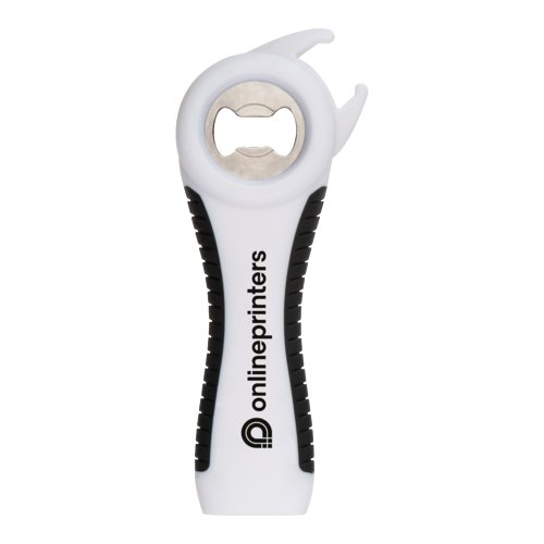 Abrelatas mltiple de plstico blanco con inserto de metal y mango antideslizante.