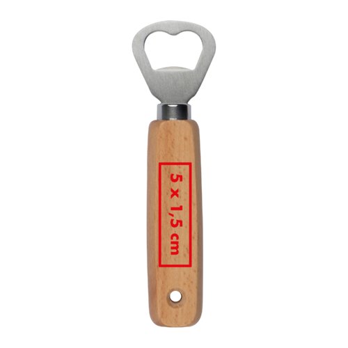 Abridor de botellas de madera con cabeza de metal y orificio para colgar.