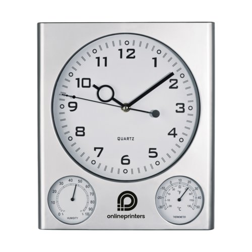 Reloj de pared plateado de plstico con pantalla analgica y termmetro/higrmetro.
