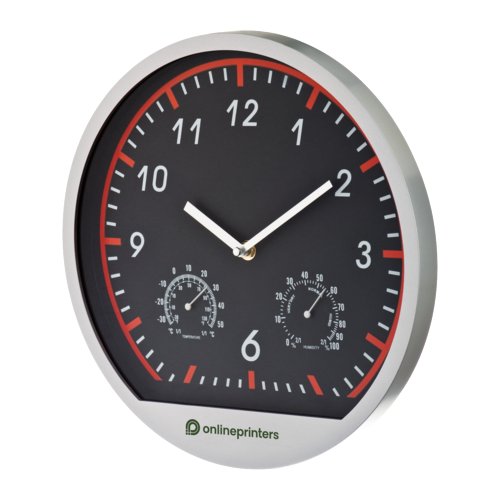 Reloj de pared con termmetro e higrmetro integrados.