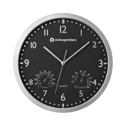 Reloj de pared negro con termmetro e higrmetro.