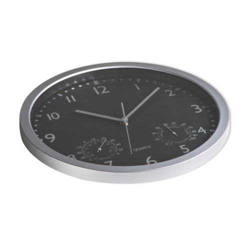 Reloj de pared negro con manecillas de hora, minutos y segundos.