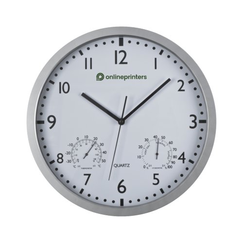 Reloj de pared blanco con manecillas de hora, minutos y segundos.