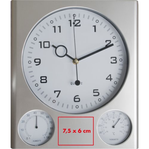 Reloj de pared plateado de plstico con termmetro e higrmetro.