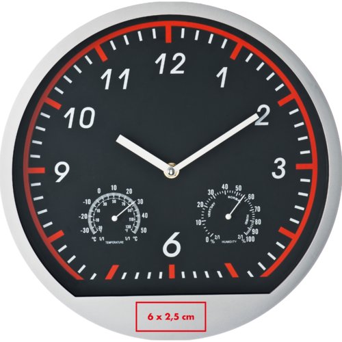 Reloj de pared plateado con indicador de temperatura y humedad.