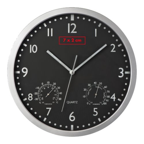 Reloj de pared negro con manecillas de hora, minutos y segundos.