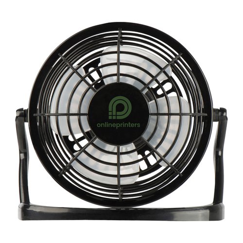 Ventilador de escritorio negro con inclinacin ajustable.