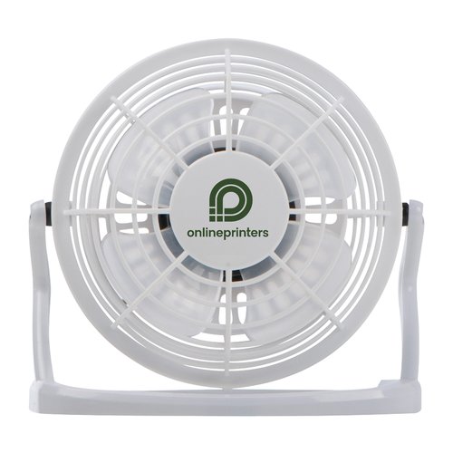 Ventilador de mesa blanco de plstico con rejilla de proteccin.