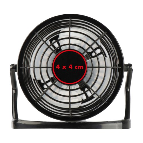 Ventilador de mesa negro con ngulo de inclinacin ajustable.