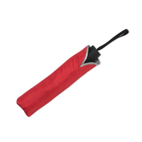 Paraguas plegable rojo con asa de transporte y funda protectora a juego.