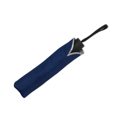 Paraguas de bolsillo azul oscuro con correa de transporte y funda protectora.