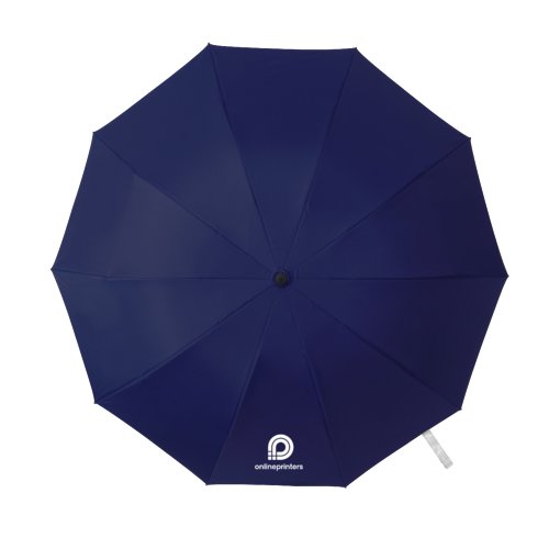 Paraguas de bolsillo azul oscuro con funda y mango.