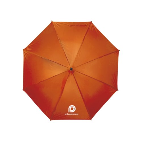 Paraguas naranja con mecanismo de apertura manual.