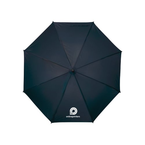 Paraguas azul oscuro con mecanismo de apertura manual.
