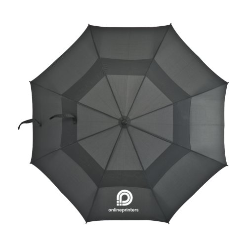 Paraguas de golf negro con respiradero para viento y mecanismo de apertura automtica.
