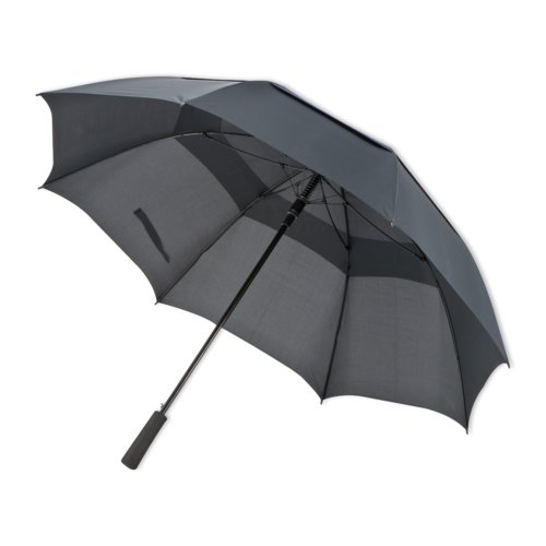 Paraguas de golf gris oscuro con respiradero para viento y mango curvo.