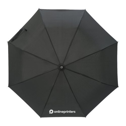 Paraguas de bolsillo negro con mecanismo de apertura manual y funda protectora.