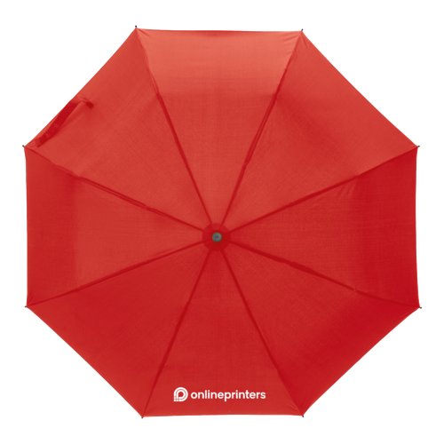 Paraguas de bolsillo rojo con mecanismo de apertura manual.