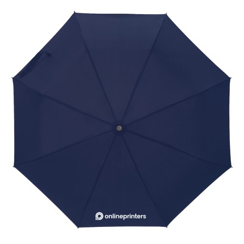 Paraguas de bolsillo azul oscuro con funda y mango.