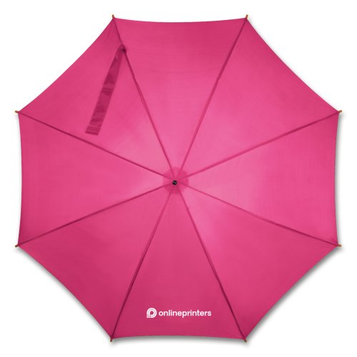 Paraguas automtico rosa con mango de madera y funda protectora a juego.