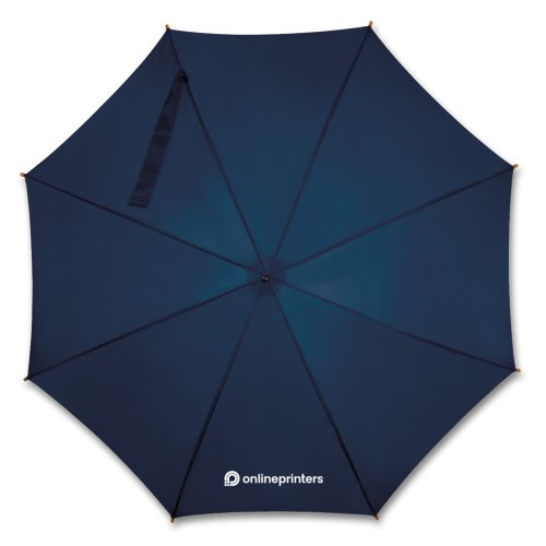Paraguas recto automtico azul oscuro con mango de madera.