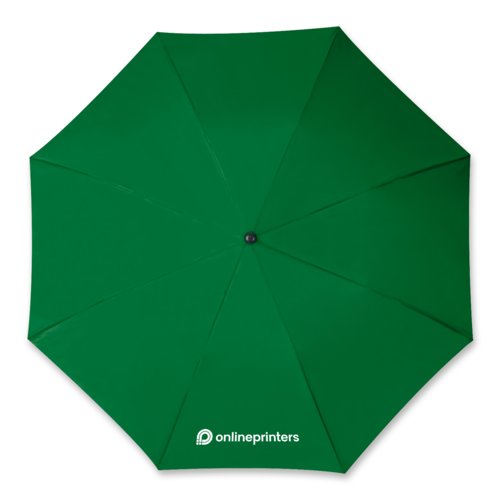 Paraguas plegable verde oscuro con funda y mango.