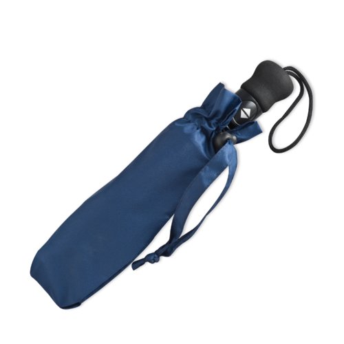 Paraguas plegable automtico azul oscuro con funda a juego.