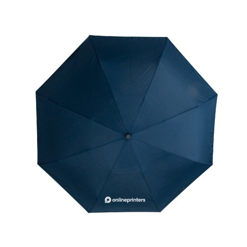 Paraguas plegable automtico azul oscuro con funda y mango.