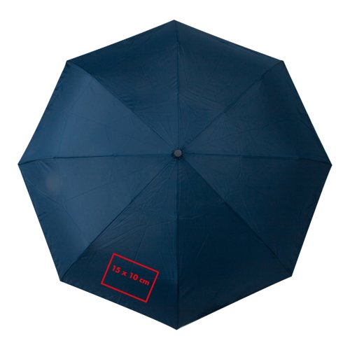 Paraguas plegable automtico azul con funda y correa de transporte.