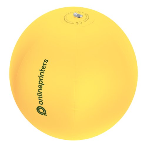 Pelota de playa de plstico amarilla con vlvula inflable.