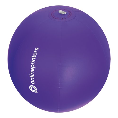 Pelota de playa de plstico violeta con vlvula inflable.
