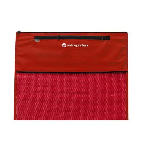 Estera de playa roja con asa de transporte y compartimento con cremallera.