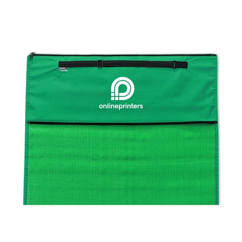 Estera de playa verde con asa de transporte y bolsillo con cremallera.