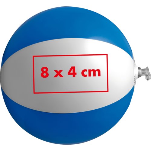 Pelota de agua de plstico azul y blanca con vlvula inflable.